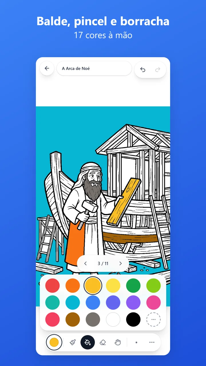 Barra de ferramentas do aplicativo com balde, pincel e borracha ao lado da paleta de cores.