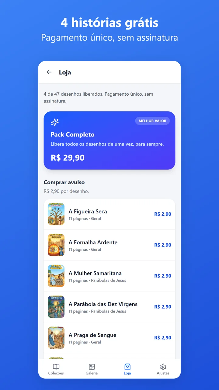 Tela de compra do aplicativo com o preço da história avulsa e o do Pack Completo.